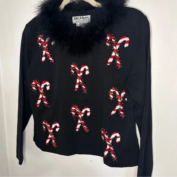Jack B Quick M Christmas Holiday Sweater Candy Canes Beading Black, Red, White - Picture 3 of 7